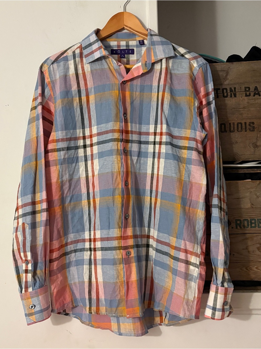 Kolte Plaid Pastel Cotton Linen Blend Button Down Shirt Size Medium